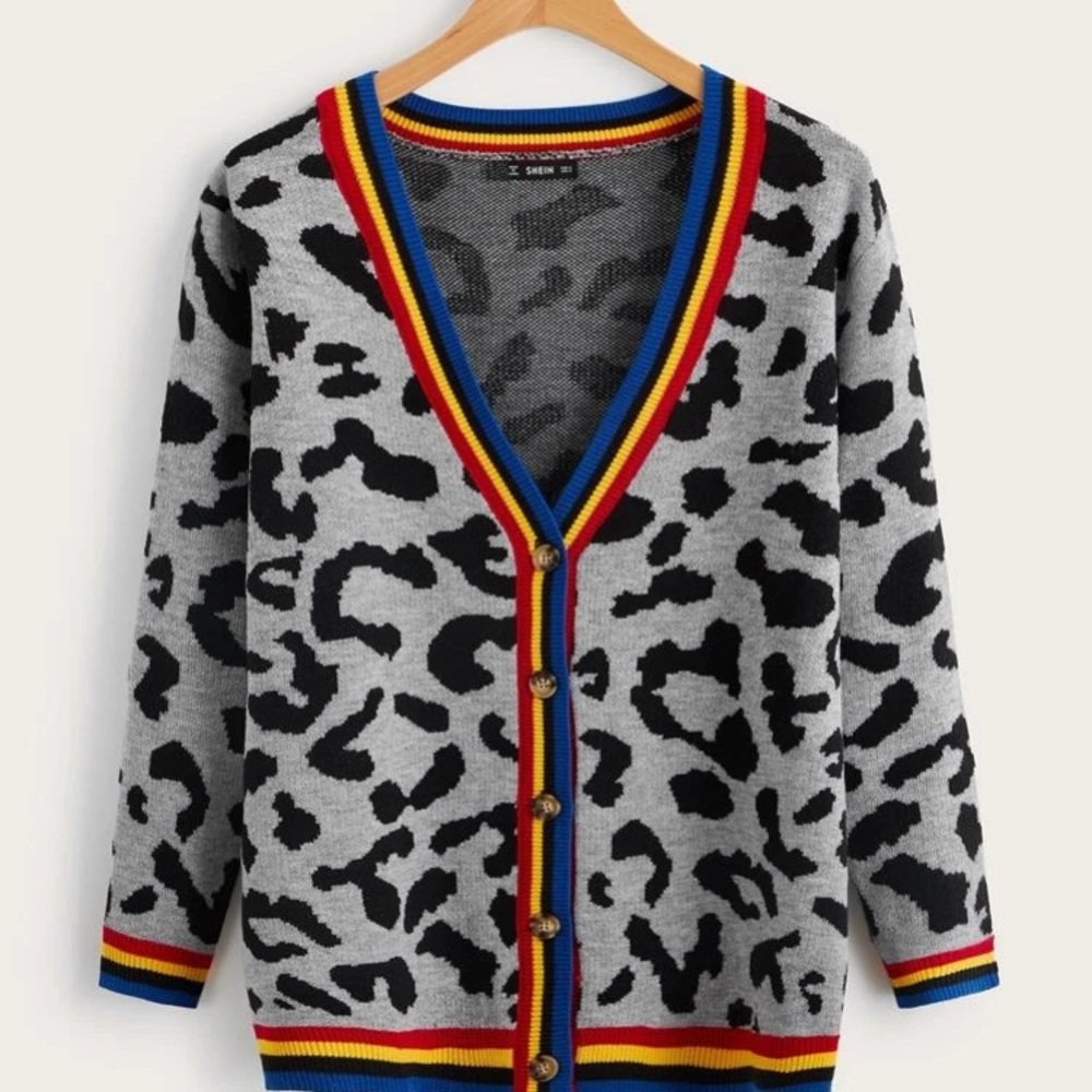 Single Breasted Striped Trim Leopard cardigan